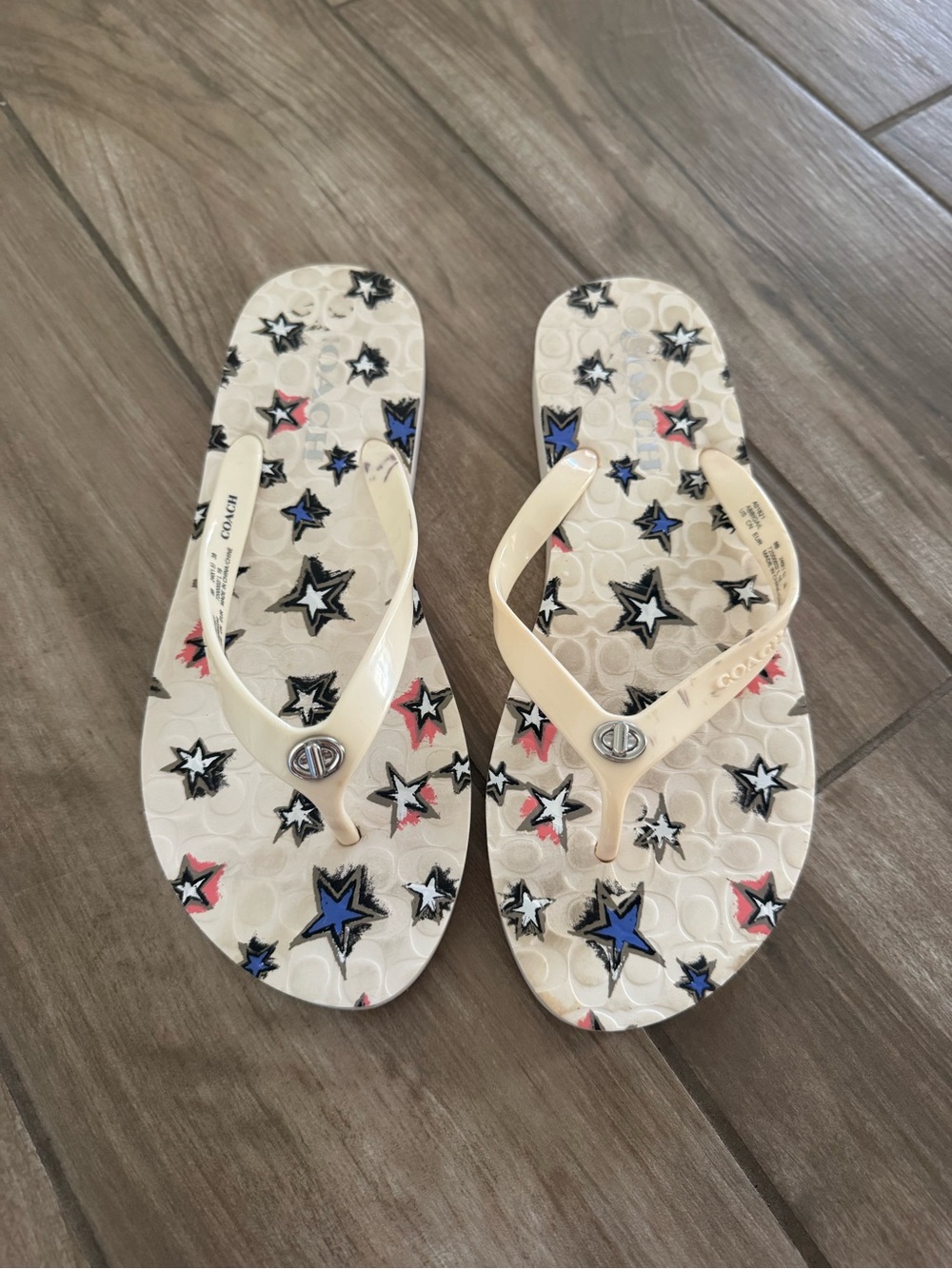 Coach Kids Cream Flip Flops with Multicolor Star Print